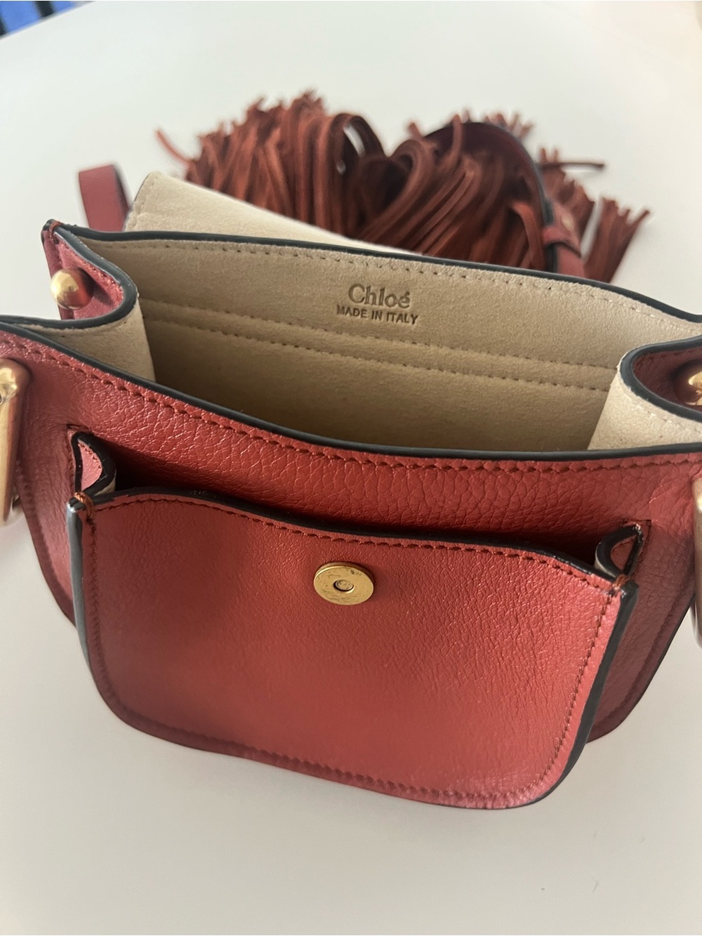✨🤎 Chloé Hudson Mini Fringe Tassel Crossbody Bag Burgundy Leather & Suede Boho - Picture 9 of 11